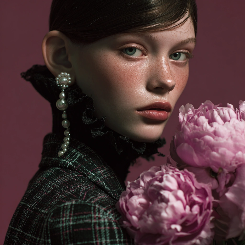 Retrato de una modelo con pendientes de perlas y peonías rosas