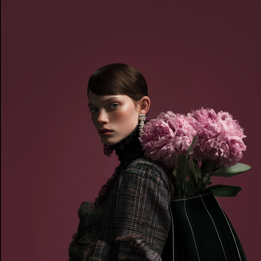 Modelo de perfil con abrigo de cuadros y un ramo de peonías rosas sobre fondo burdeos