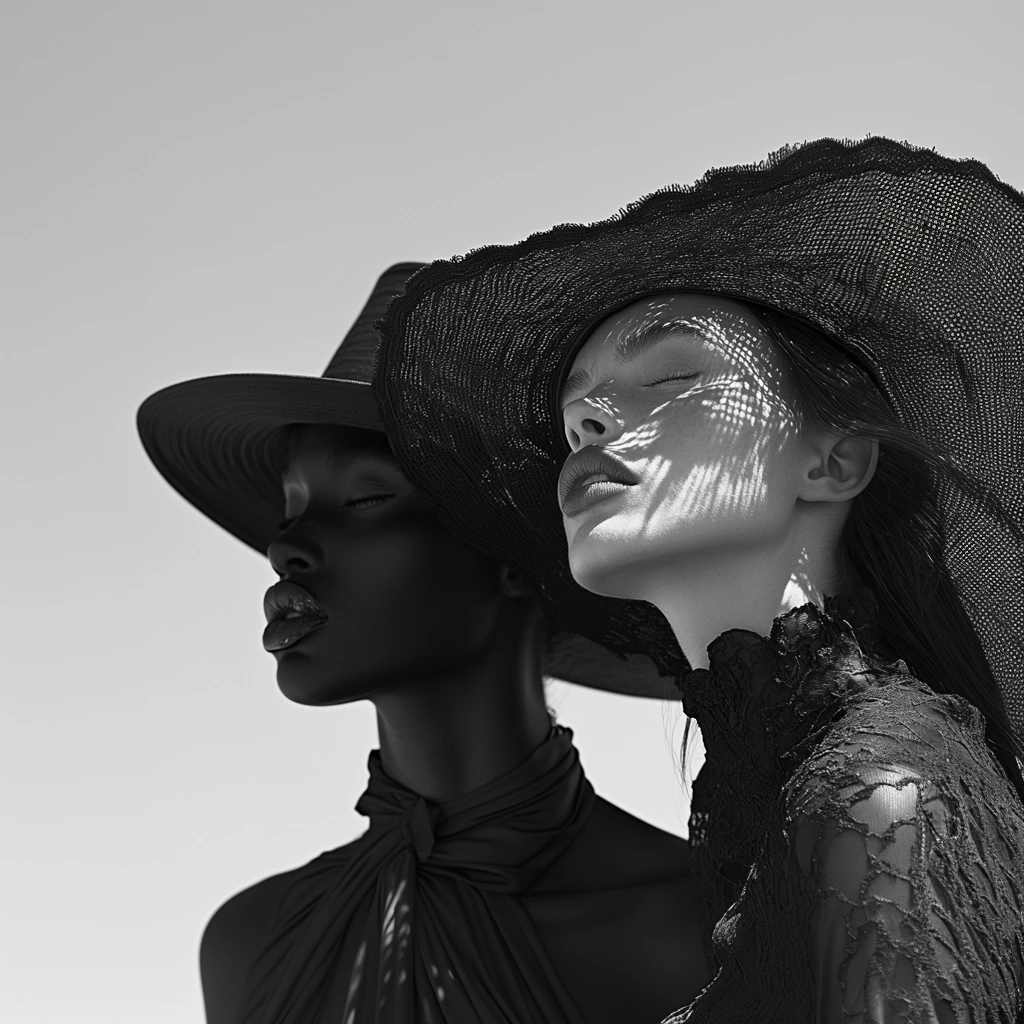 Dos modelos en blanco y negro, una con sombrero de ala ancha, en una imagen editorial