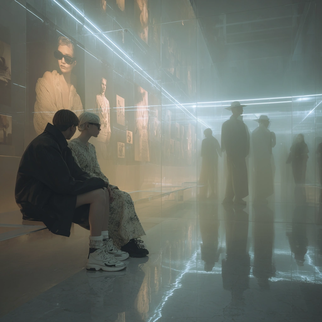 Escena editorial en una galería con luz láser: personas sentadas y de pie ante retratos