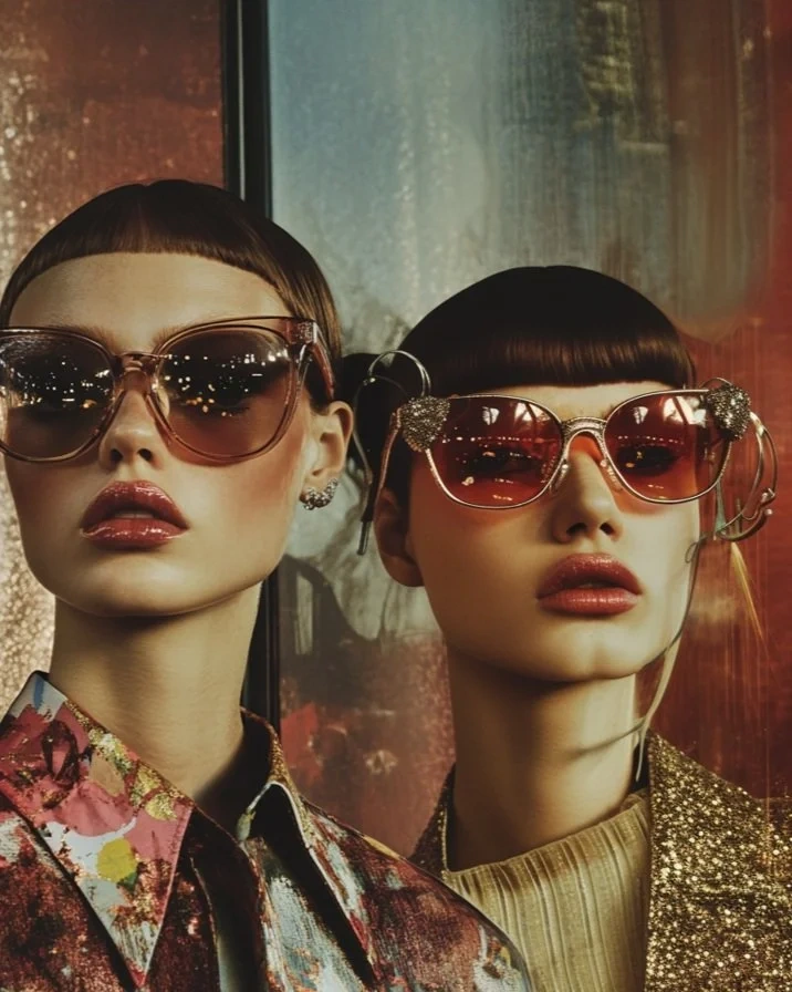 Dos modelos con gafas de sol grandes y blusas estampadas