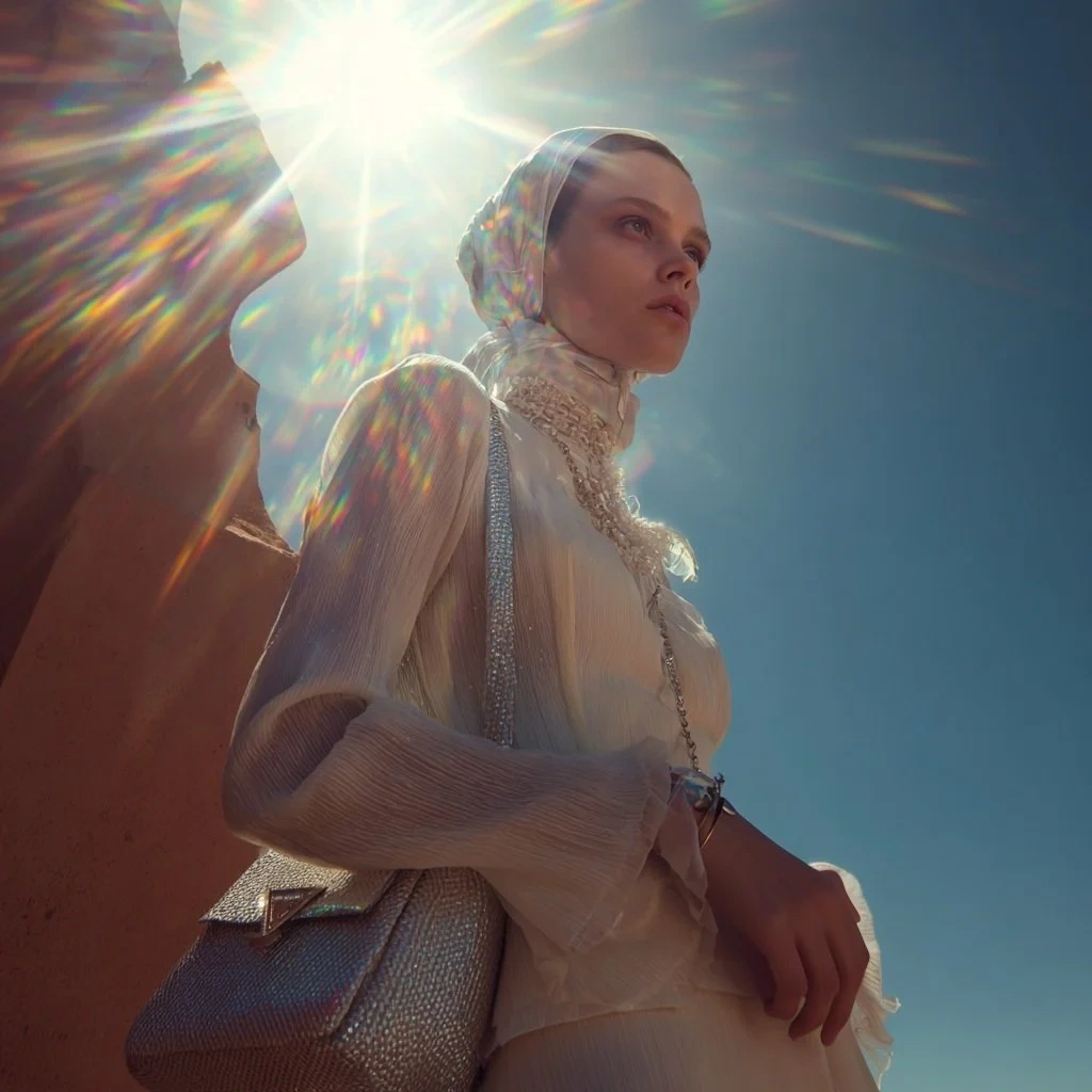 Modelo a contraluz bajo el sol, con reflejos de arcoíris sobre un cielo azul